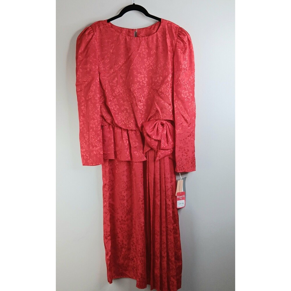 Vintage Roberta Formal Party Dress Red Pleated Floral Embossed 80s Size 13/14NWT